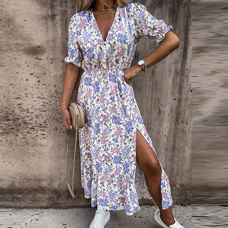Sommerkleid Blumenmuster Knopfleiste Bequem Damenkleid