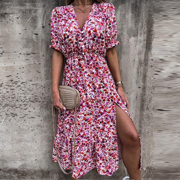 Sommerkleid Blumenmuster Knopfleiste Bequem Damenkleid