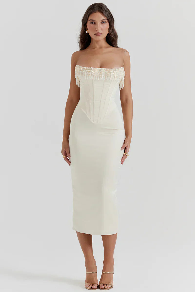 Trägerloses Midikleid Satin mit Perlen Dekor