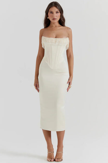 Trägerloses Midikleid Satin mit Perlen Dekor