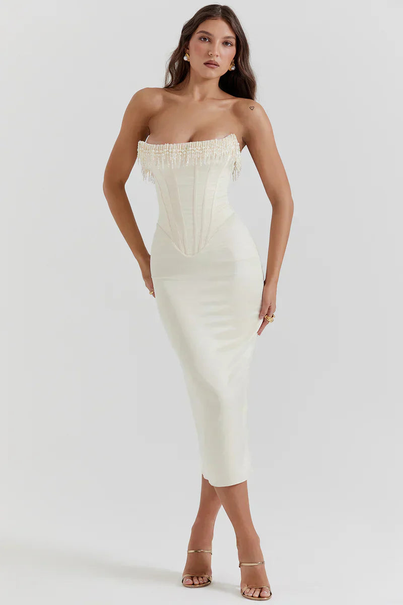 Pearl Embrace Kleid Vorderansicht in Elfenbein