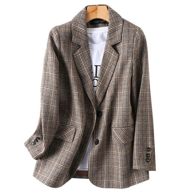 Damen Blazer Langarm Kariert Lässige Jacke Business
