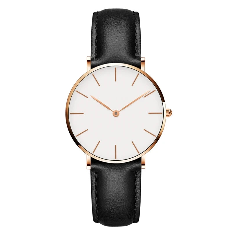 Frauen-Uhr Rund Minimalistisch Lederarmband Schwarz