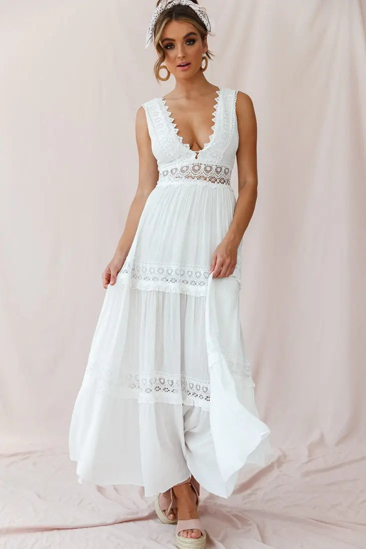 Boho Maxikleid Weiß Häkel V Ausschnitt Sommerkleid - BerlinGlamour