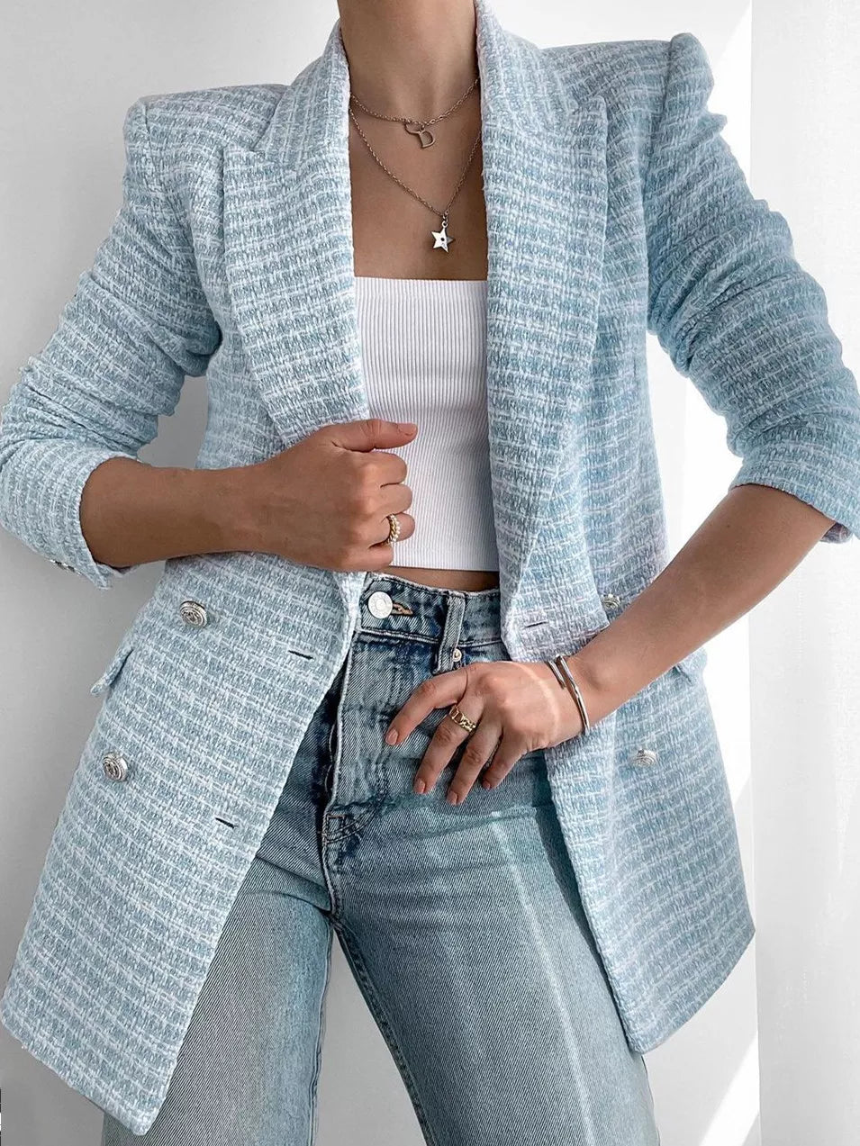 Damen Blazer Hellblau Knöpfe Modern