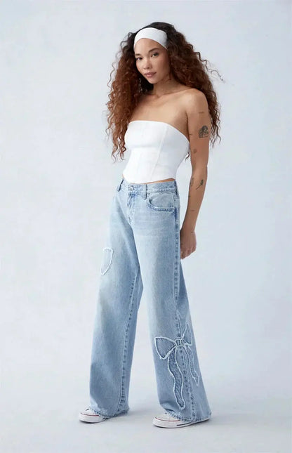 Weite Damenjeans Mit Herz Patches Trendy