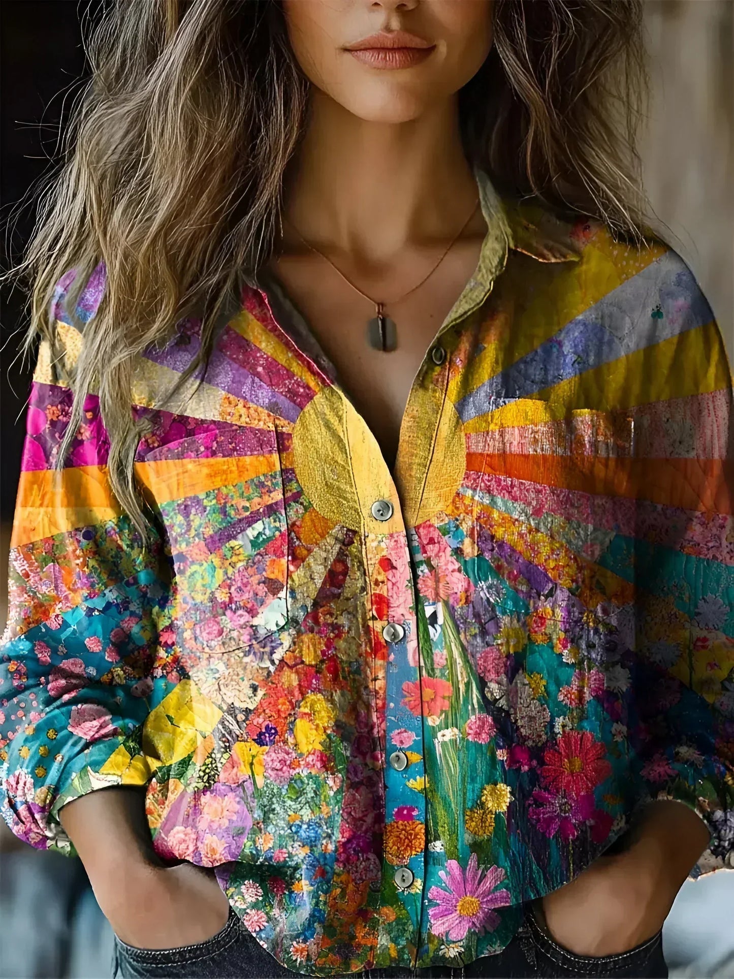 Boho Bluse Damen Sonnenblume Blumenmuster Baumwolle - BerlinGlamour