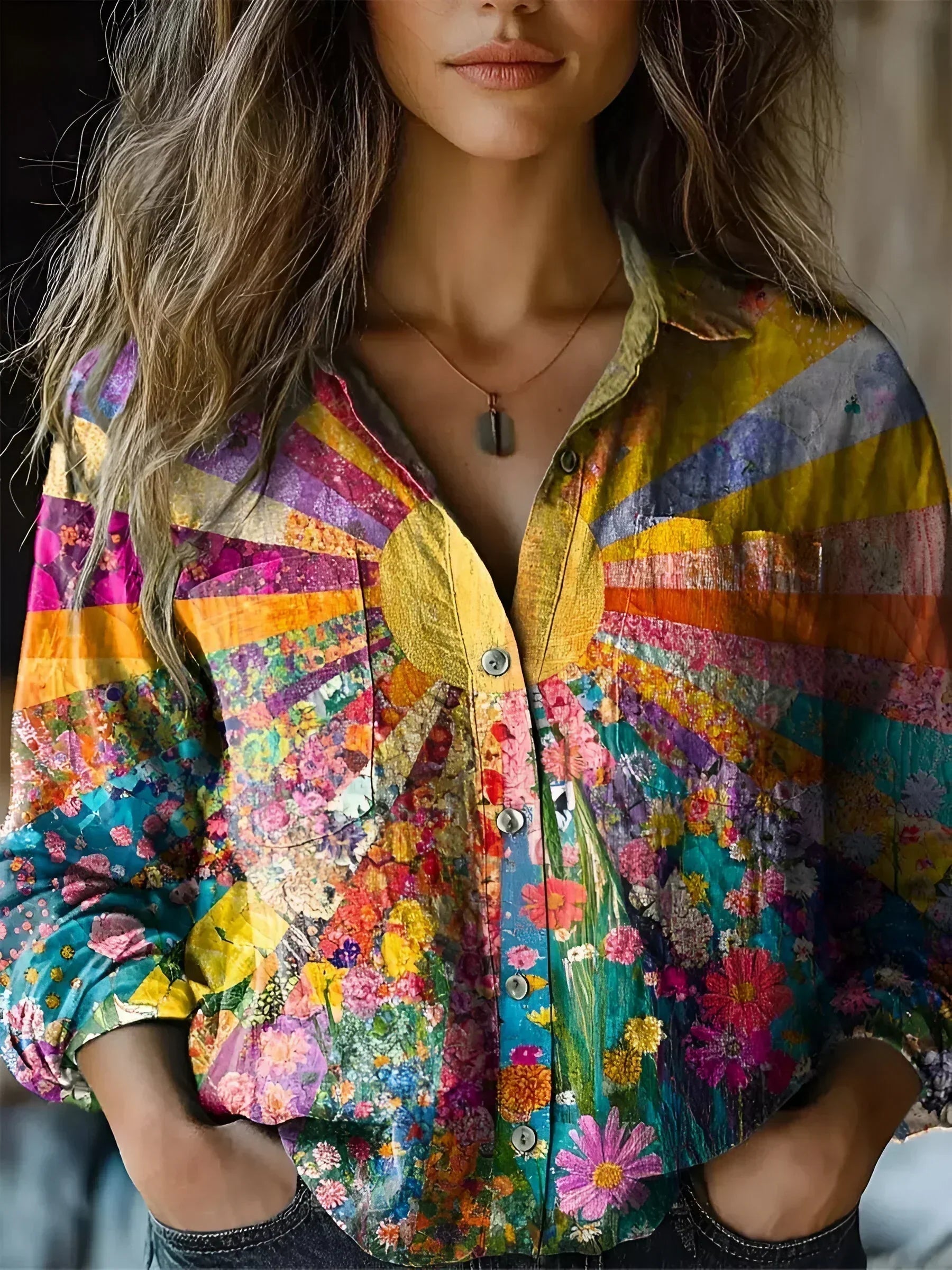 Boho Bluse Damen Sonnenblume Blumenmuster Baumwolle - BerlinGlamour