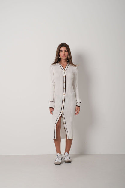 Strickkleid Damen Gerippt mit Knöpfen und Kontraststreifen