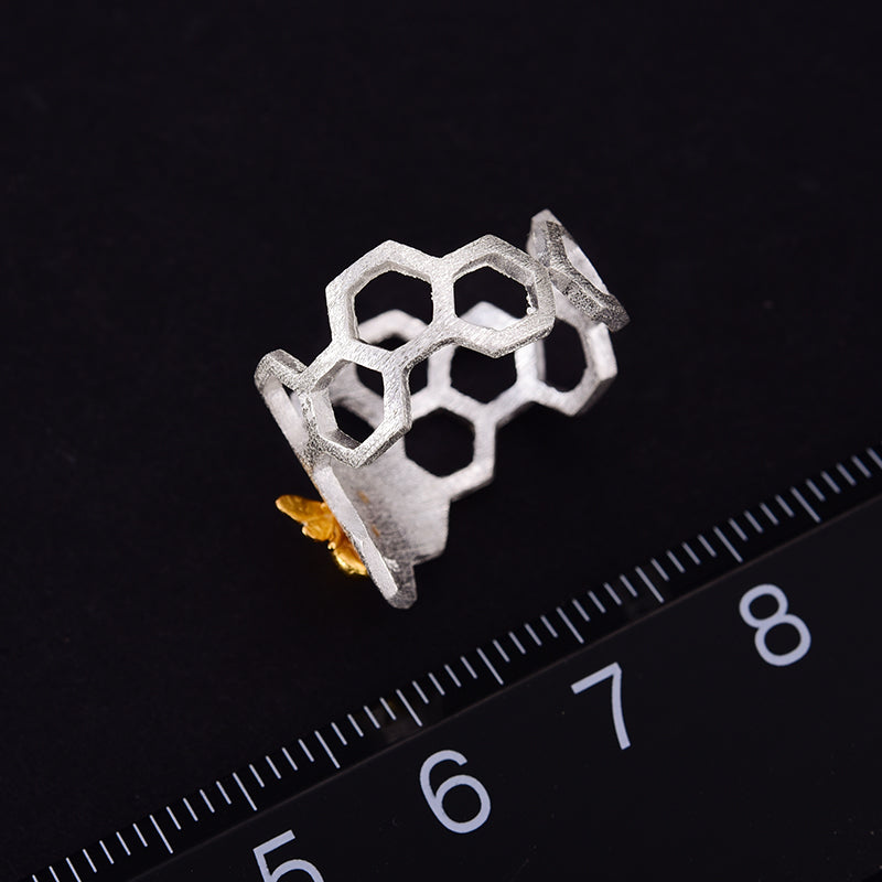 18K Vergoldeter Waben Ring Offen Kleine Bienen Schmuck