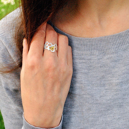 18K Vergoldeter Waben Ring Offen Kleine Bienen Schmuck
