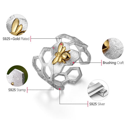 18K Vergoldeter Waben Ring Offen Kleine Bienen Schmuck