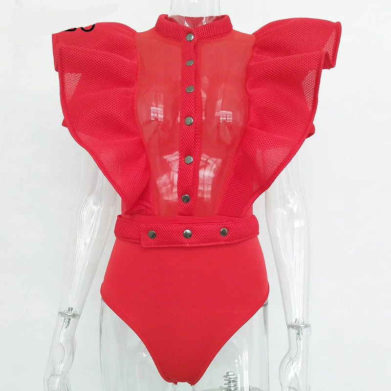 Frauen Bodysuit Top Kurzarm Schwarzes Rüschen Oberteil - BerlinGlamour