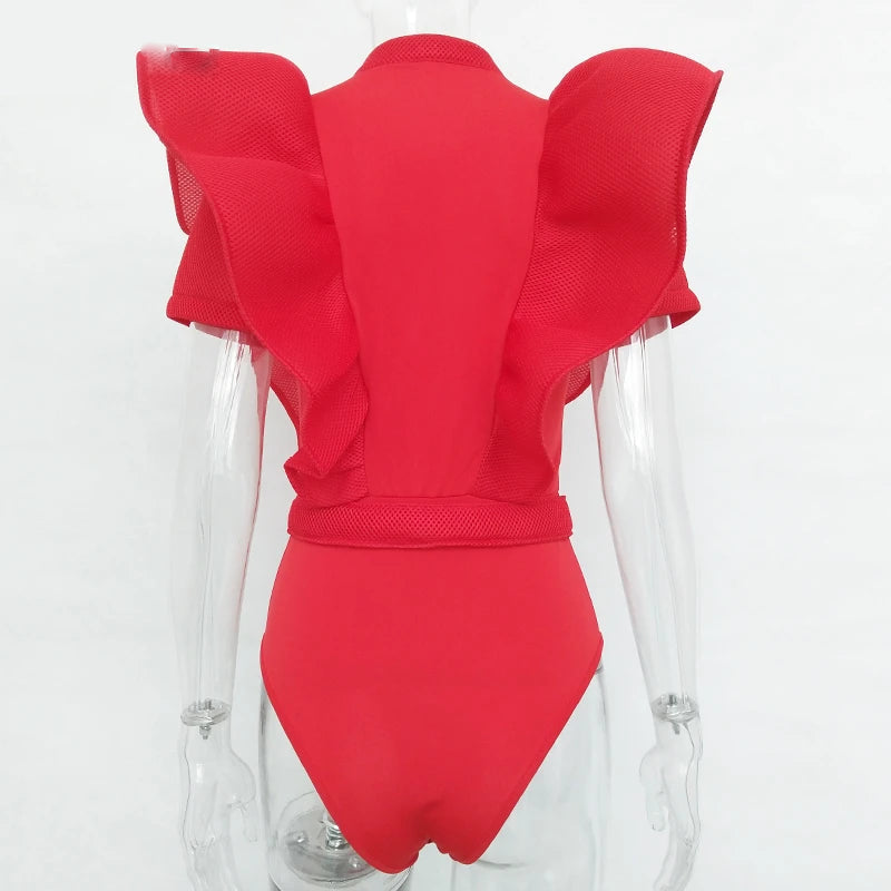 Frauen Bodysuit Top Kurzarm Schwarzes Rüschen Oberteil