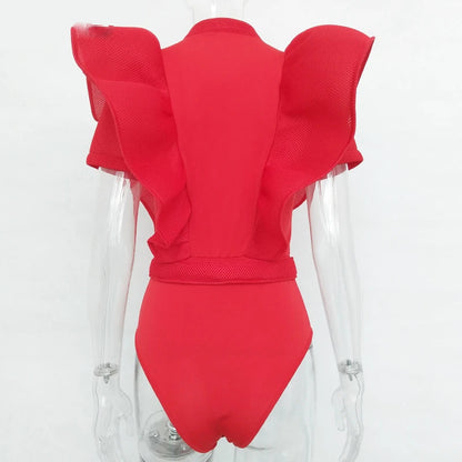 Frauen Bodysuit Top Kurzarm Schwarzes Rüschen Oberteil