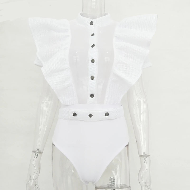 Frauen Bodysuit Top Kurzarm Schwarzes Rüschen Oberteil