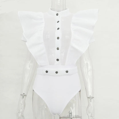 Frauen Bodysuit Top Kurzarm Schwarzes Rüschen Oberteil