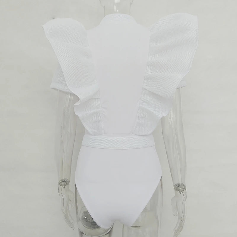 Frauen Bodysuit Top Kurzarm Schwarzes Rüschen Oberteil