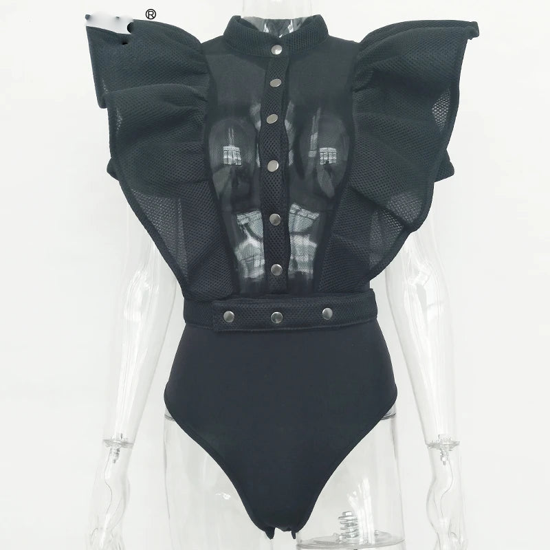 Frauen Bodysuit Top Kurzarm Schwarzes Rüschen Oberteil