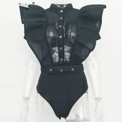 Frauen Bodysuit Top Kurzarm Schwarzes Rüschen Oberteil