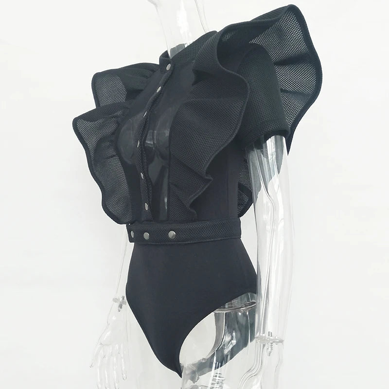 Frauen Bodysuit Top Kurzarm Schwarzes Rüschen Oberteil