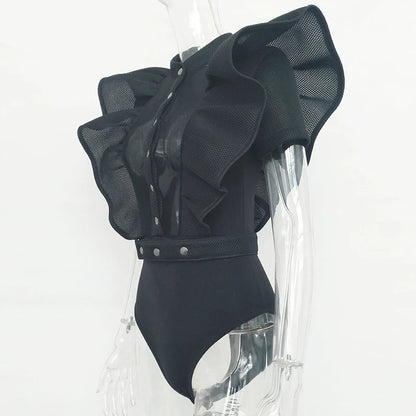 Frauen Bodysuit Top Kurzarm Schwarzes Rüschen Oberteil