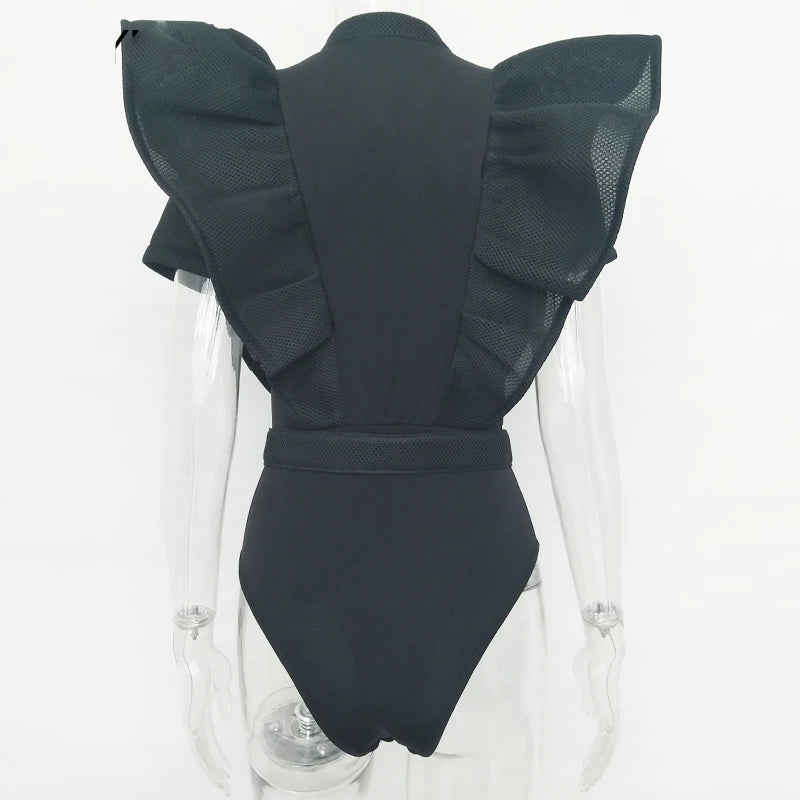Frauen Bodysuit Top Kurzarm Schwarzes Rüschen Oberteil