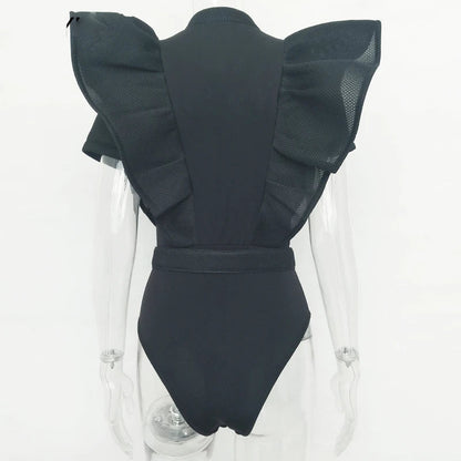 Frauen Bodysuit Top Kurzarm Schwarzes Rüschen Oberteil