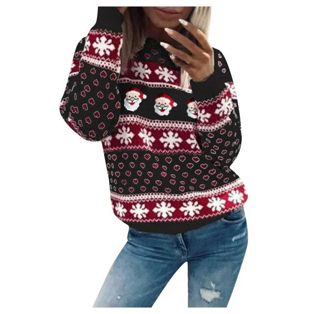 Weihnachtspullover Damen Weihnachtsmann Schneeflocken Warm