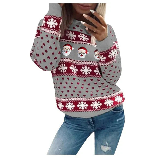 Weihnachtspullover Damen Weihnachtsmann Schneeflocken Warm