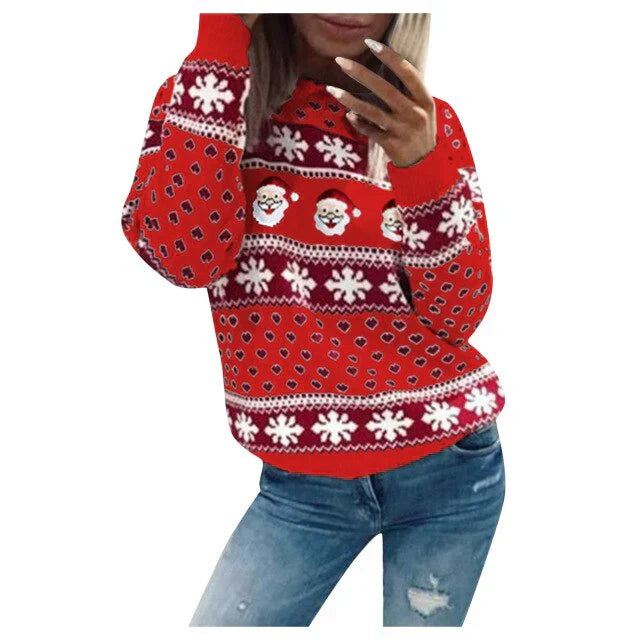 Weihnachtspullover Damen Weihnachtsmann Schneeflocken Warm