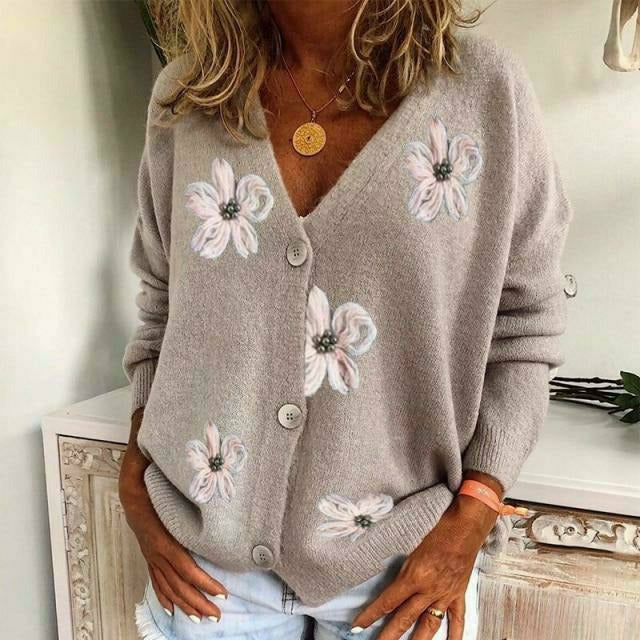 Strickjacke Blumenstickerei Damen Modern