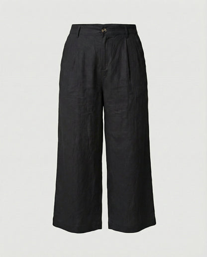 Damen Leinenhose Weite Bein mit Gummibund und Taschen