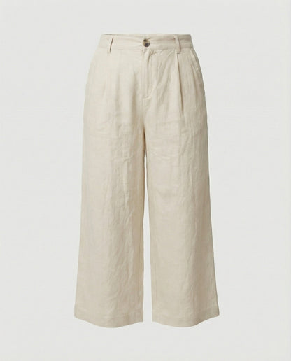 Damen Leinenhose Weite Bein mit Gummibund und Taschen