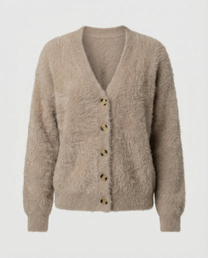 Damen Strickjacke Flauschig V-Ausschnitt Große Knöpfe
