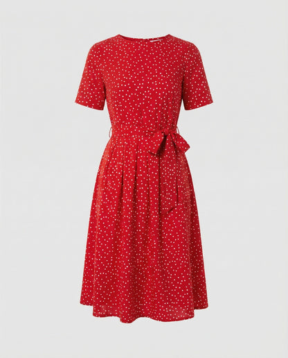 Damen Midi-Kleid Punkte Taillengürtel Elegant