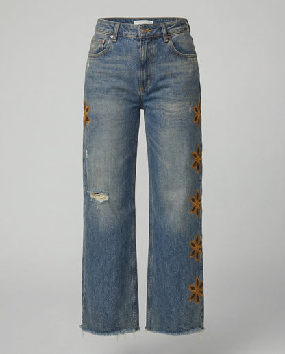 Weite Damen Jeans Blumenmuster Bunt