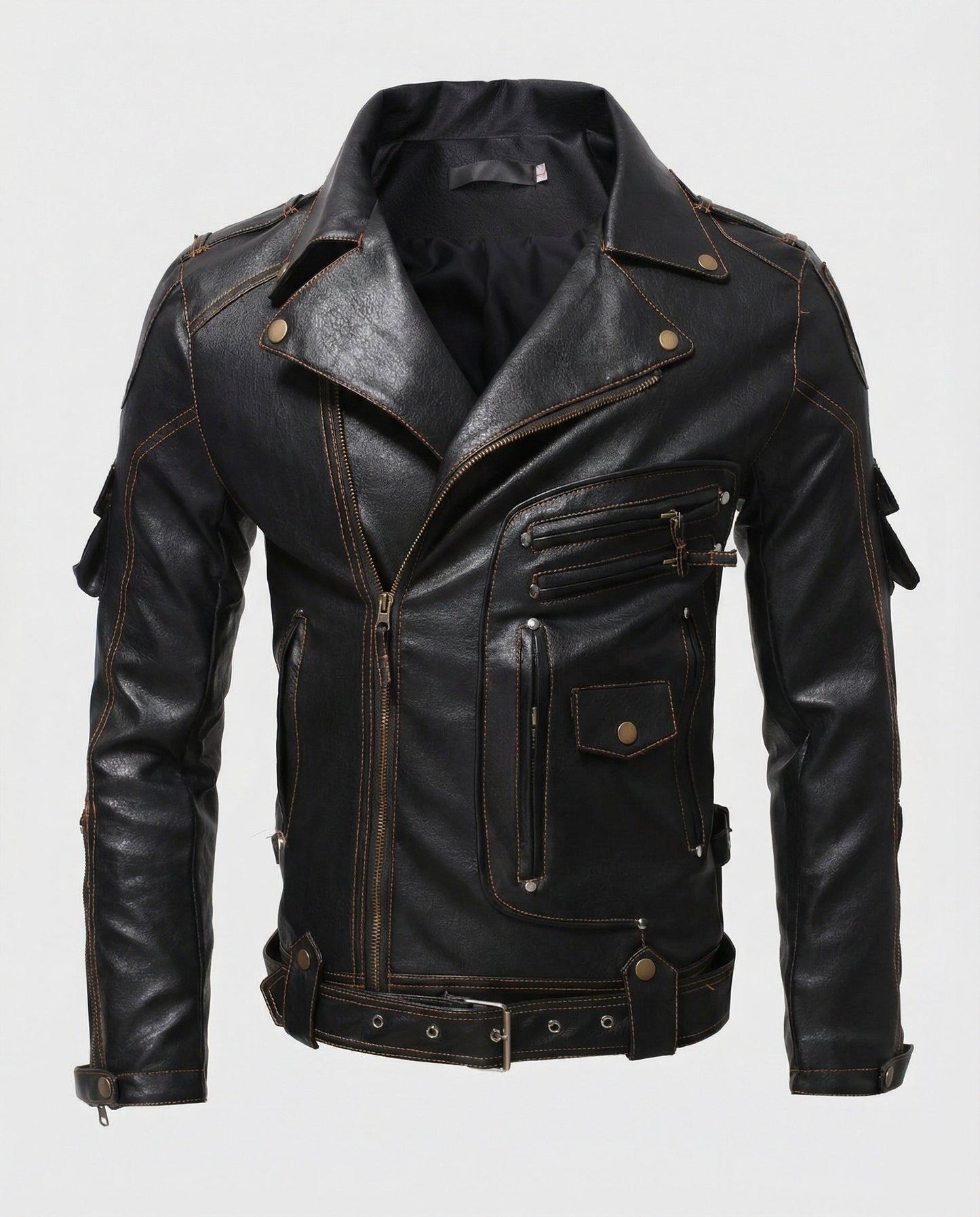 Lederjacke Herren Asymmetrisch Reißverschluss Schwarz