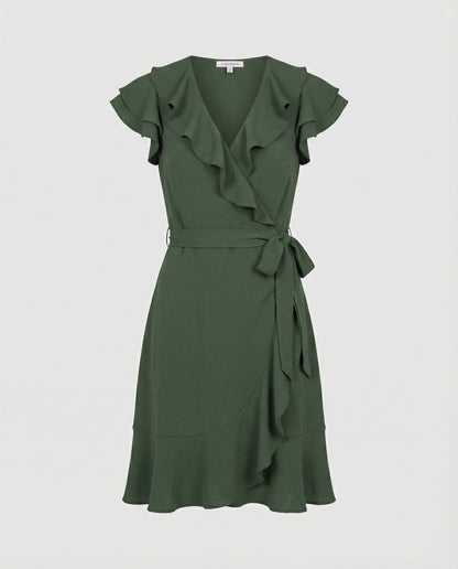 Damen Wickelkleid Rüschen Taillengürtel Modern