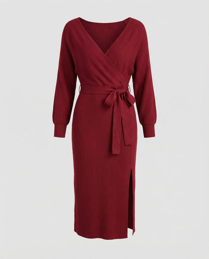 Elegantes Damen Strickkleid mit Wickeldesign und Gürtel
