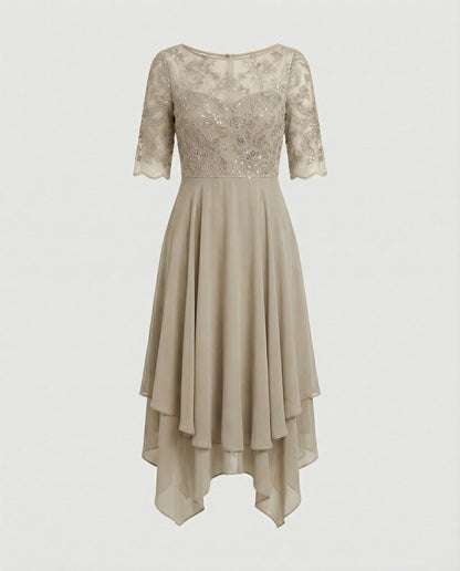 Elegantes Damen Midikleid aus Spitze und Chiffon