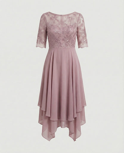 Elegantes Damen Midikleid aus Spitze und Chiffon