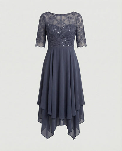 Elegantes Damen Midikleid aus Spitze und Chiffon