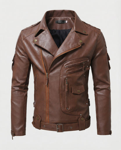 Lederjacke Herren Asymmetrisch Reißverschluss Schwarz