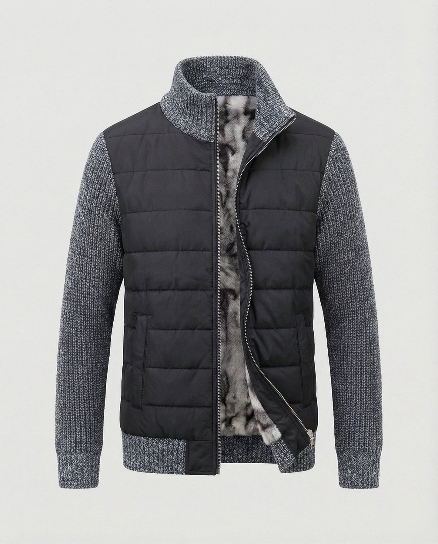 Herren Hybridjacke Kunstleder Schwarz Modern