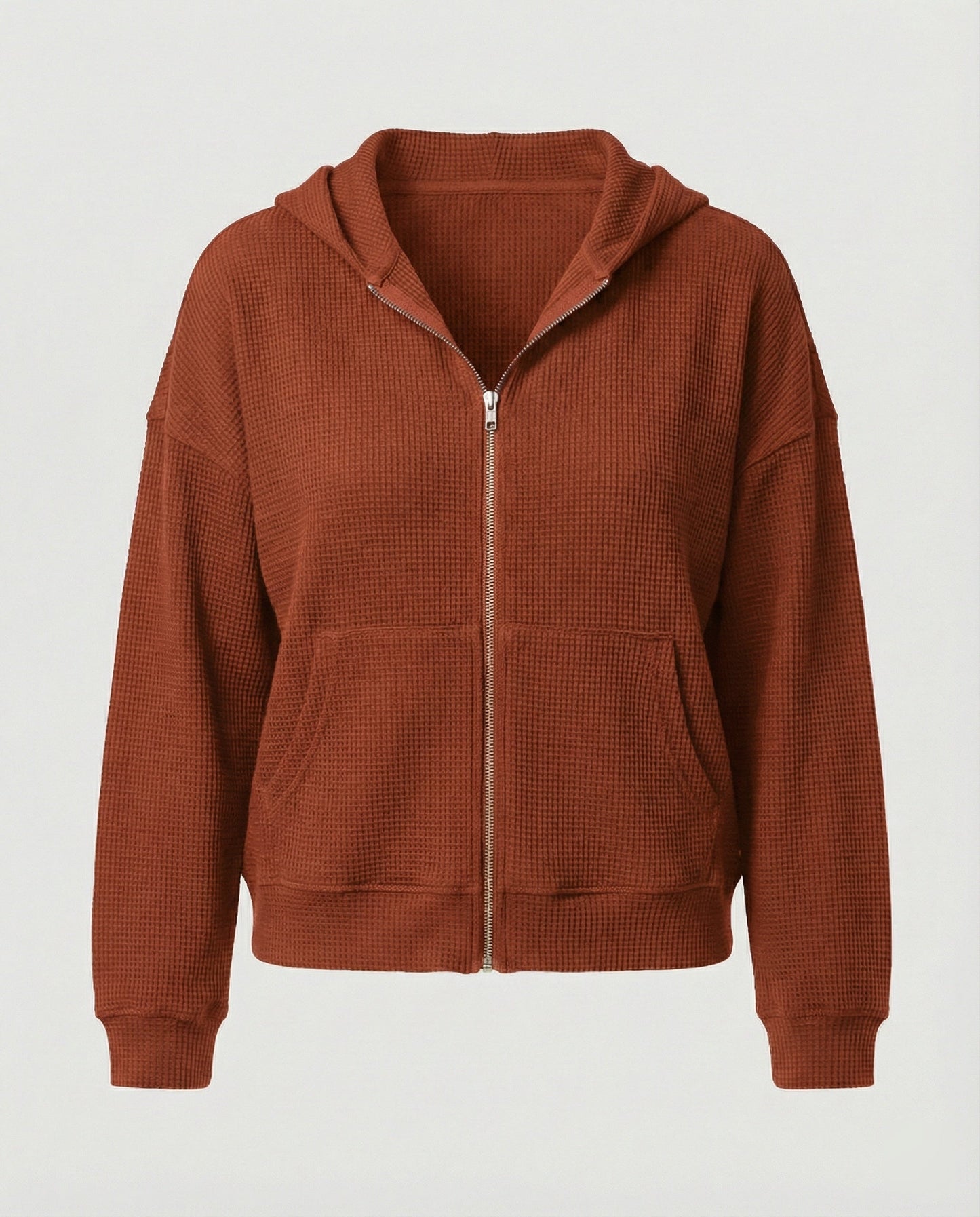 Damen Hoodie Jacke Lässig Waffle Mit Reißverschluss