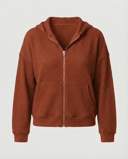 Damen Hoodie Jacke Lässig Waffle Mit Reißverschluss