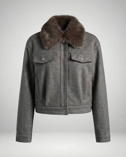 Damen Wolljacke Kunstfellkragen Warm Elegant