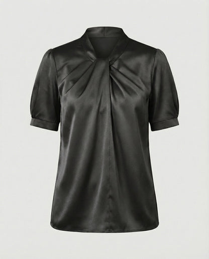 Damen Bluse Top mit Krawattenkragen Elegante Satin