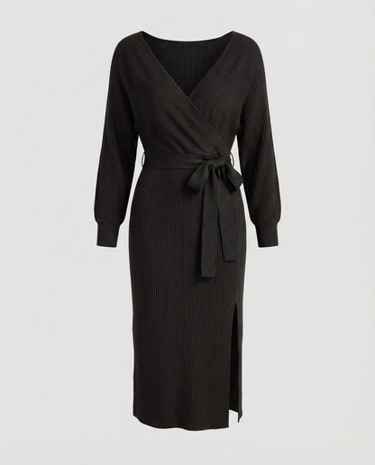 Elegantes Damen Strickkleid mit Wickeldesign und Gürtel